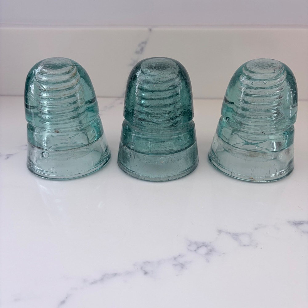 Vintage HG Co Aqua Glass Insulators Set of 3 Hemingray Petticoat Beehive Blue